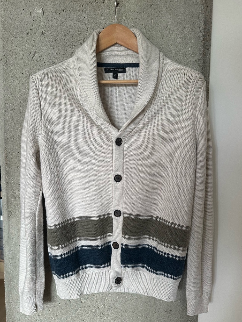 Banana Republic Factory Oatmeal Cardigan with Olive and Navy Accents S